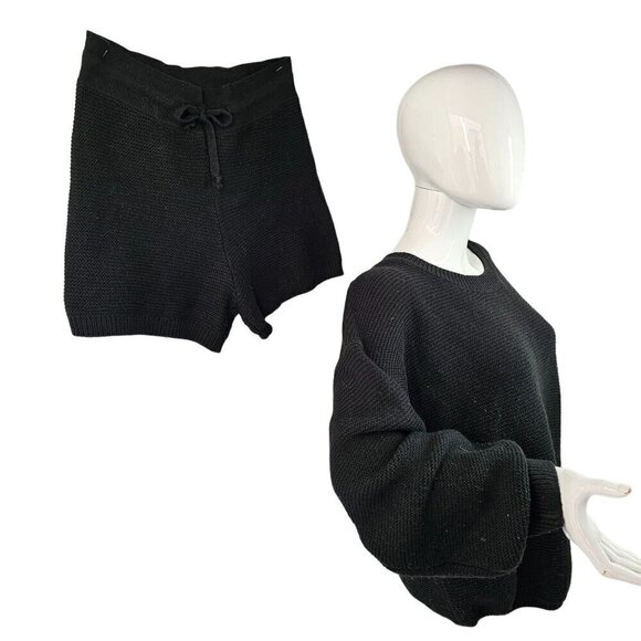 Onzie Ribbed Knit Short Set Athleisure Oversize Sweater High Waist Women M Black - Picture 4 of 5